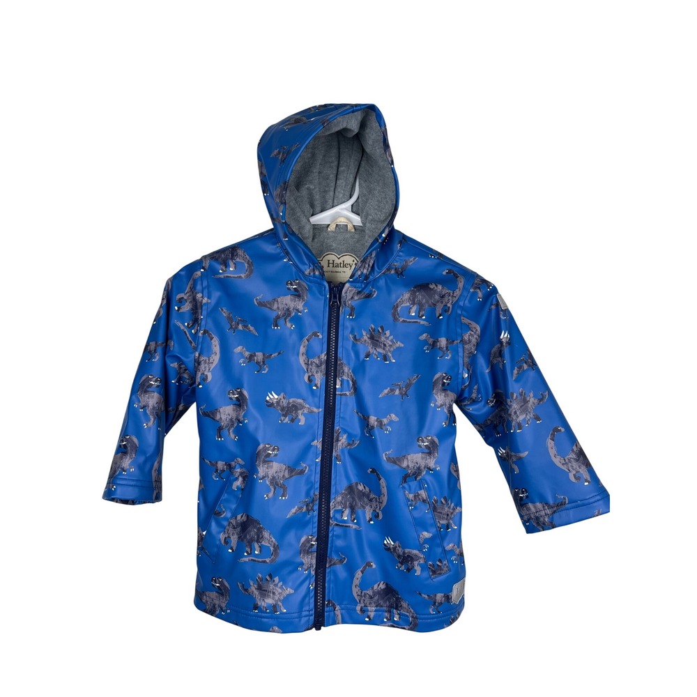 Hatley Kids Blue Dinosaur Print Hooded Rain Jacket Size 4 Waterproof Full Zip